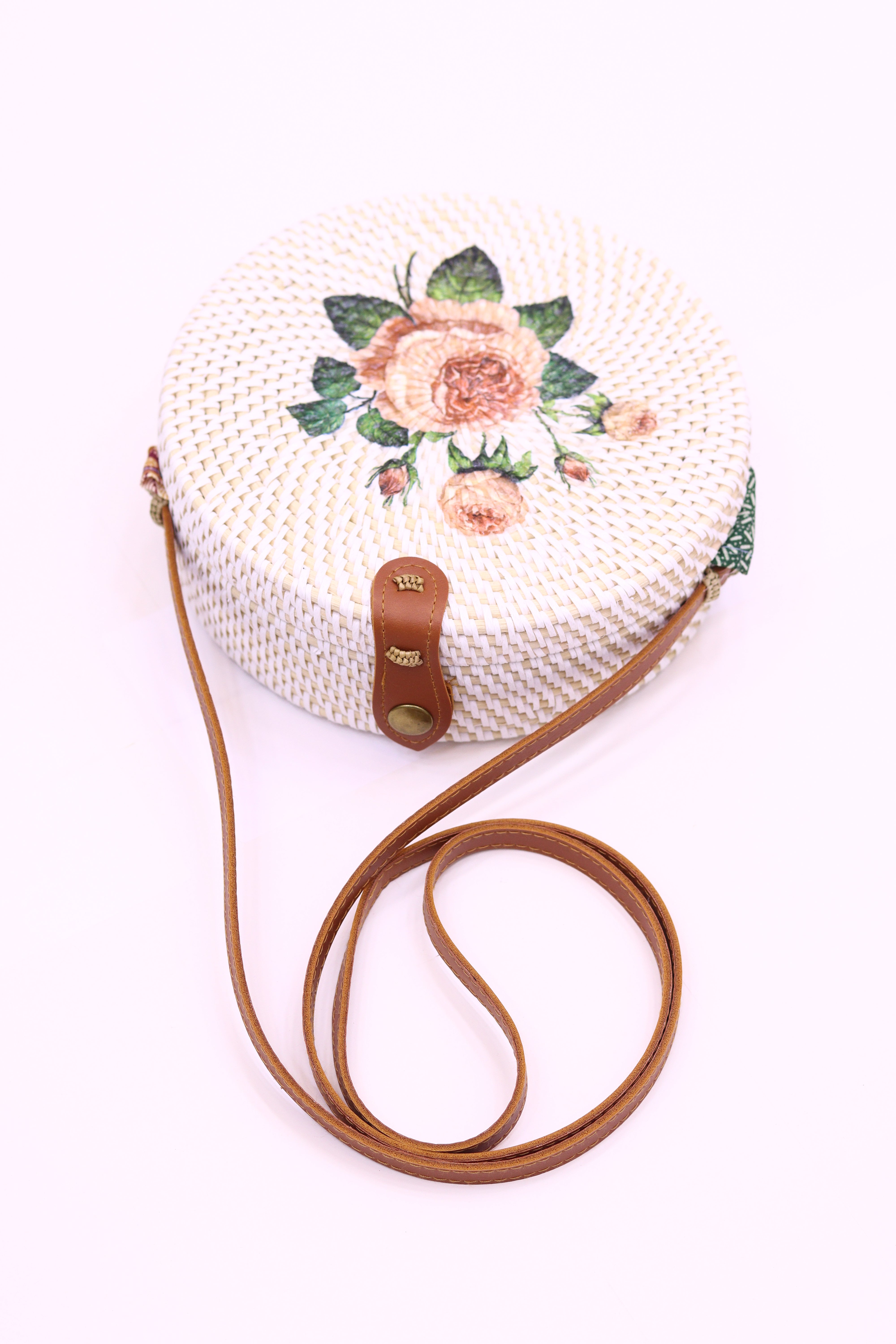 Hand woven Round Rattan Bag Shoulder Leather Straps Natural Chic RB-01